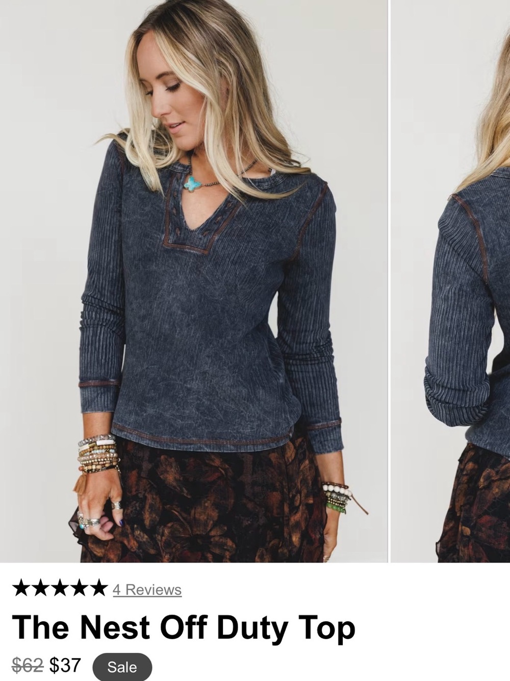 Three Bird Nest Charcoal Ribbed Scoop Neck Long Sleeve Top with Brown Trim